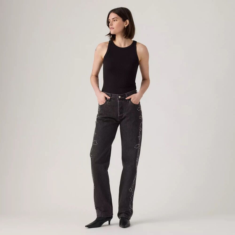 NWT $128 Levi's Premium 501 '90s Black Denim Studded Western Jeans Women 29x30 - Picture 2 of 16